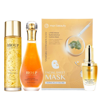 Natural Beauty 90-Day Anti-Aging Skin Care Management Set:Hydra Solution Cushion Mask (Anti-Wrinkle Firming)+Yeast Active Essential Oil Cleanser+BIOUP Super-Conductive Revitalizing Dual Gold Essence+BIOUP Entsuke Premium Gold Firming Essence